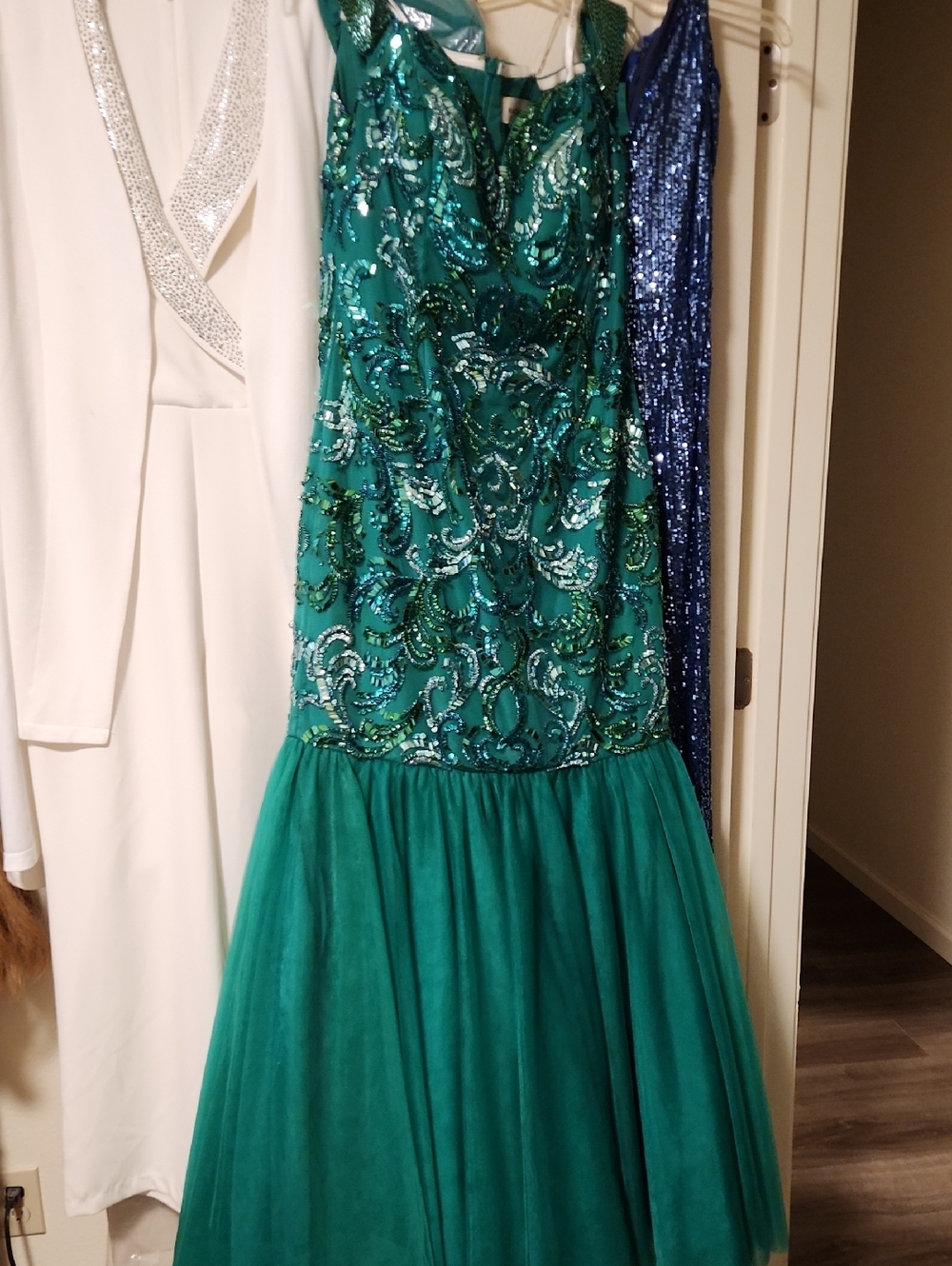 Rachel Allan Emerald Green Sequin Beaded Evening Gown